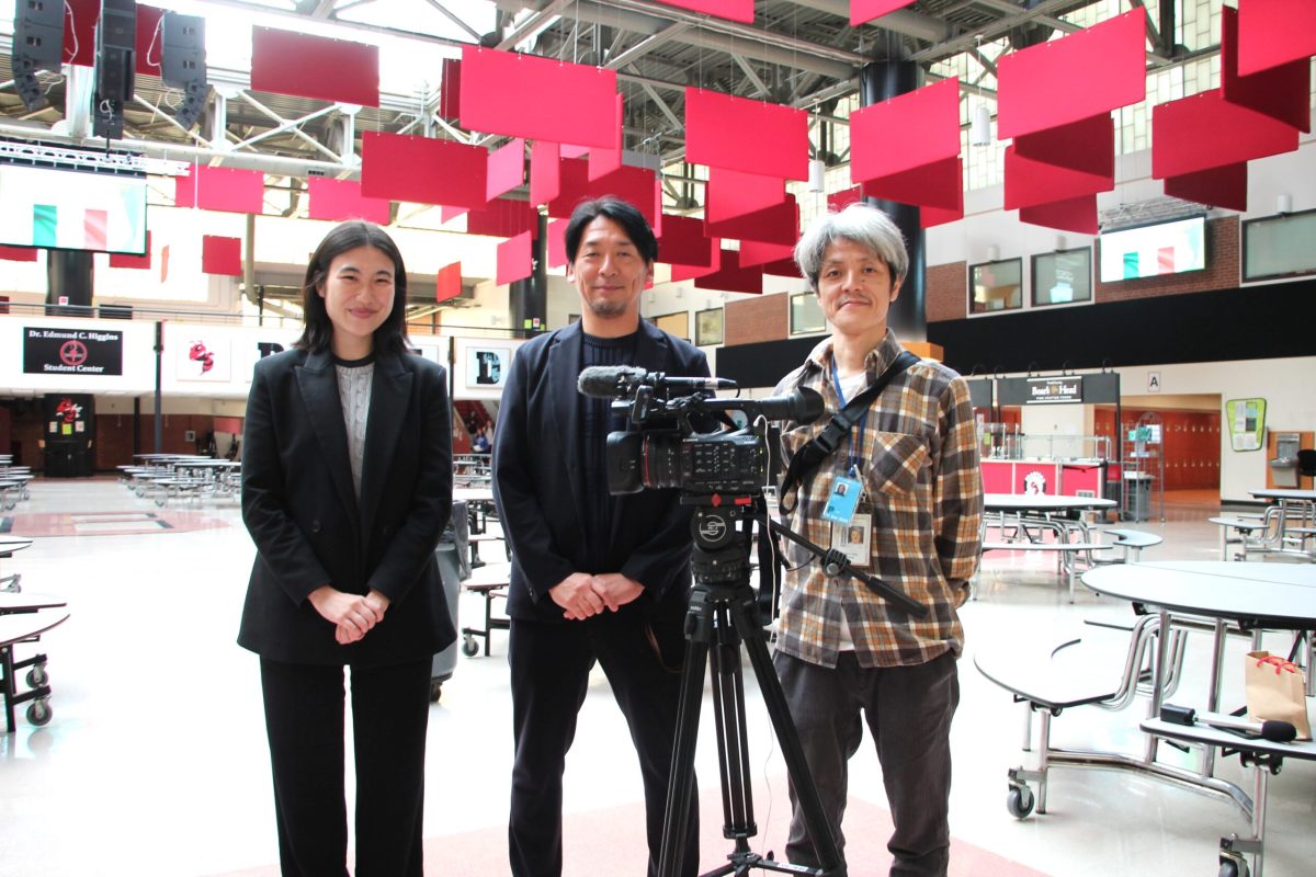 The Japanese film crew, from left Sarah Aoyagi, senior correspondent; Kenichi Mori, associate producer; Toru Sotu, camera man.