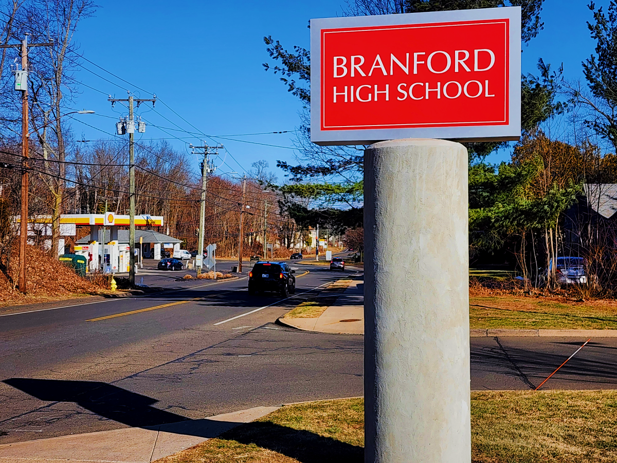 The new sign installed in front of BHS in 2025 welcomes visitors along East Main Street.