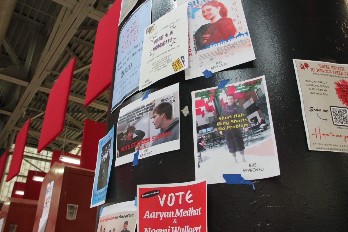 Campaign posters flood the halls of BHS before election day on Apr 9. 