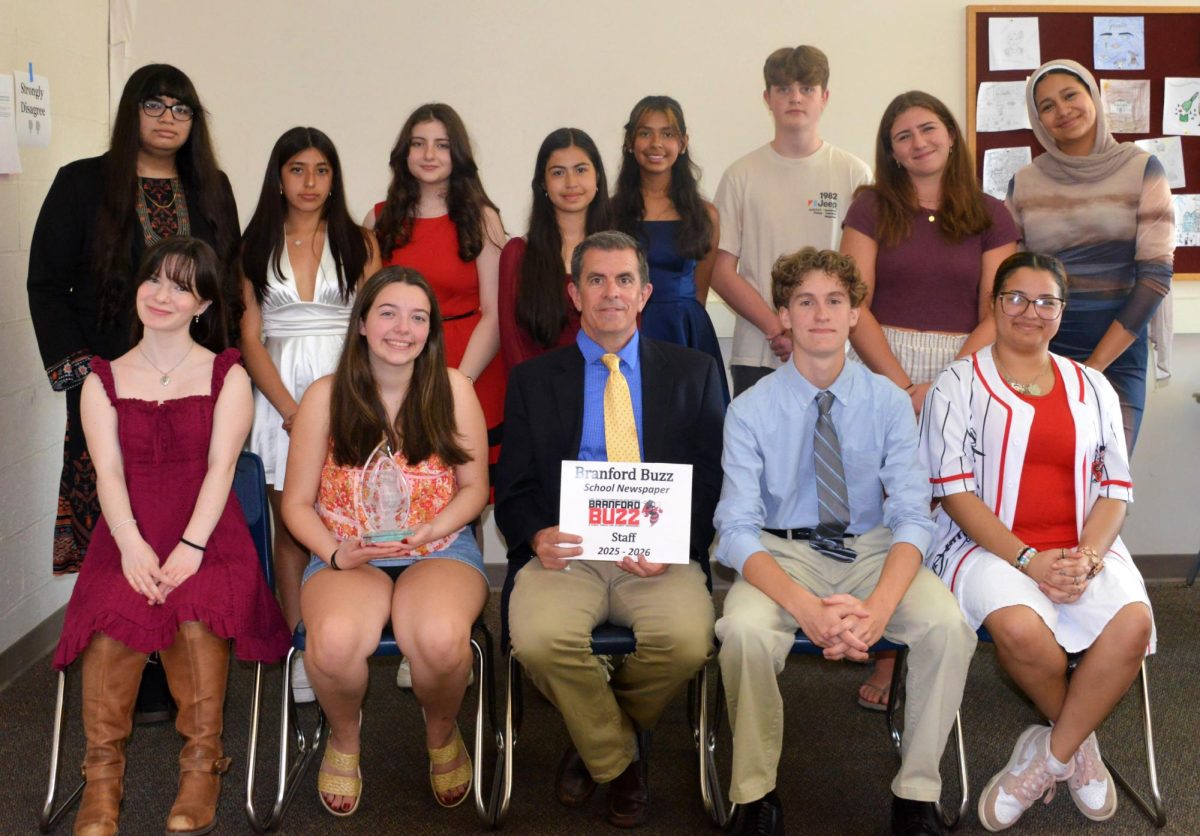 Final Branford Buzz Staff Portrait, taken in May, 2026. 
Back row, from left: Sufia Ali, Domenica Sislema, Vesa Bejleri, Zara Serrano, Alexandra Martinez-Alfaro, Ben O'Brien, Leila Verzella, Mariam Mohammed. Front row, from left: Lucy Mitchell, Lily Coppola, Bing Miller, Owen Lentner, Ava Quattlebaum