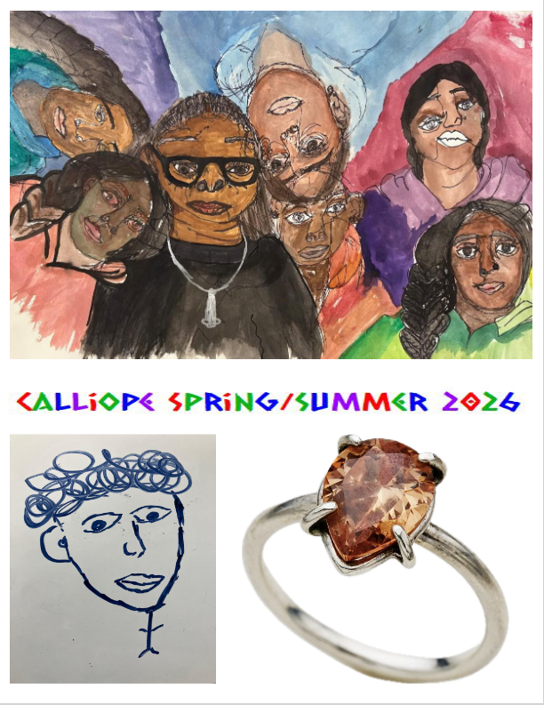 The front cover of Calliope's 59th features includes a colored contour-line self-portrait by senior Abby Smith , a whiteboard sketch of a student, a spectacular orange garnet ring.
